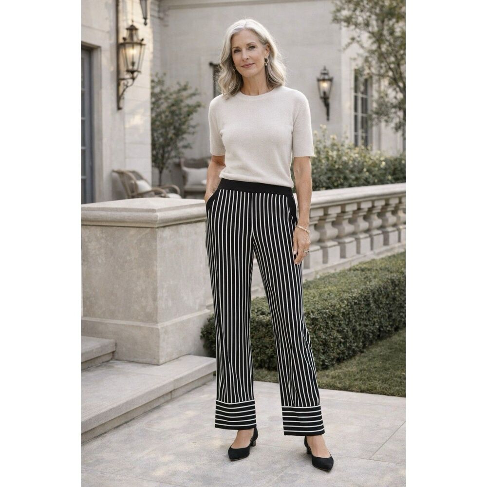Joseph Ribkoff Size 4‎ Striped Wide Leg Pants Black White Pull On Pockets